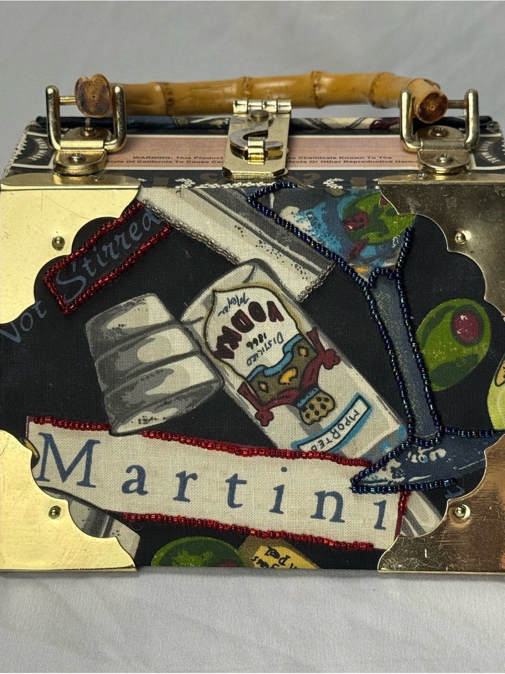 Romero Roma Martini Cigar Box Handbag Bamboo Handle Leopard Lined Novelty Purse